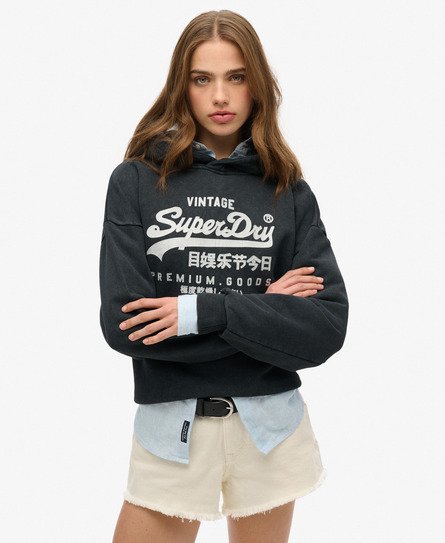 Superdry Vrouwen Vintage Relaxed-hoodie met Metallic Logo Zwart