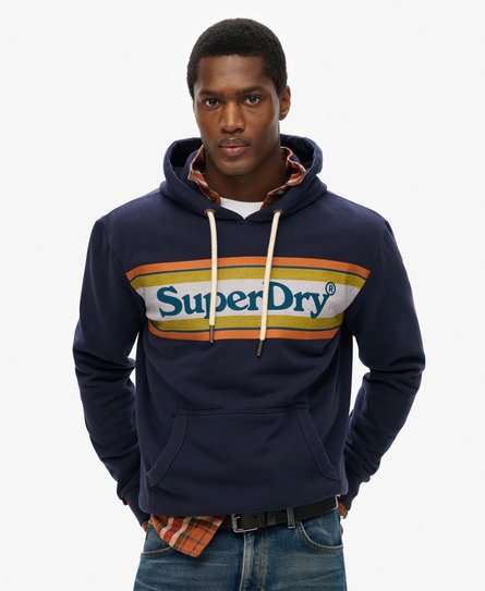 Superdry Mannen Gestreepte Relaxte Hoodie met Venue-logo Blauw