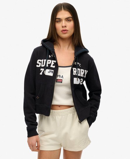 Superdry Vrouwen Athletic Essentials Korte Hoodie met Rits en Losse Pasvorm Blauw