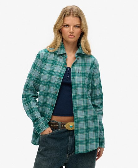 Women's Oversized Organic Cotton Vintage Check Shirt Blue / Teal Check - Size: XL - Superdry - Modalova