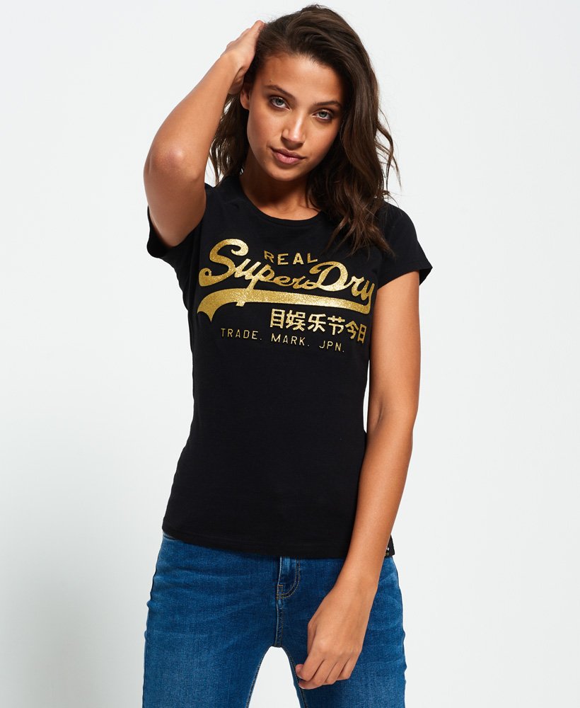 Mesterskab Over hoved og skulder kran Womens - Vintage Logo Embossed Glitter T-Shirt in Black | Superdry UK