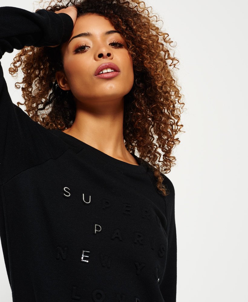 Womens - Applique Raglan Crew Sweatshirt in Black Emboss | Superdry