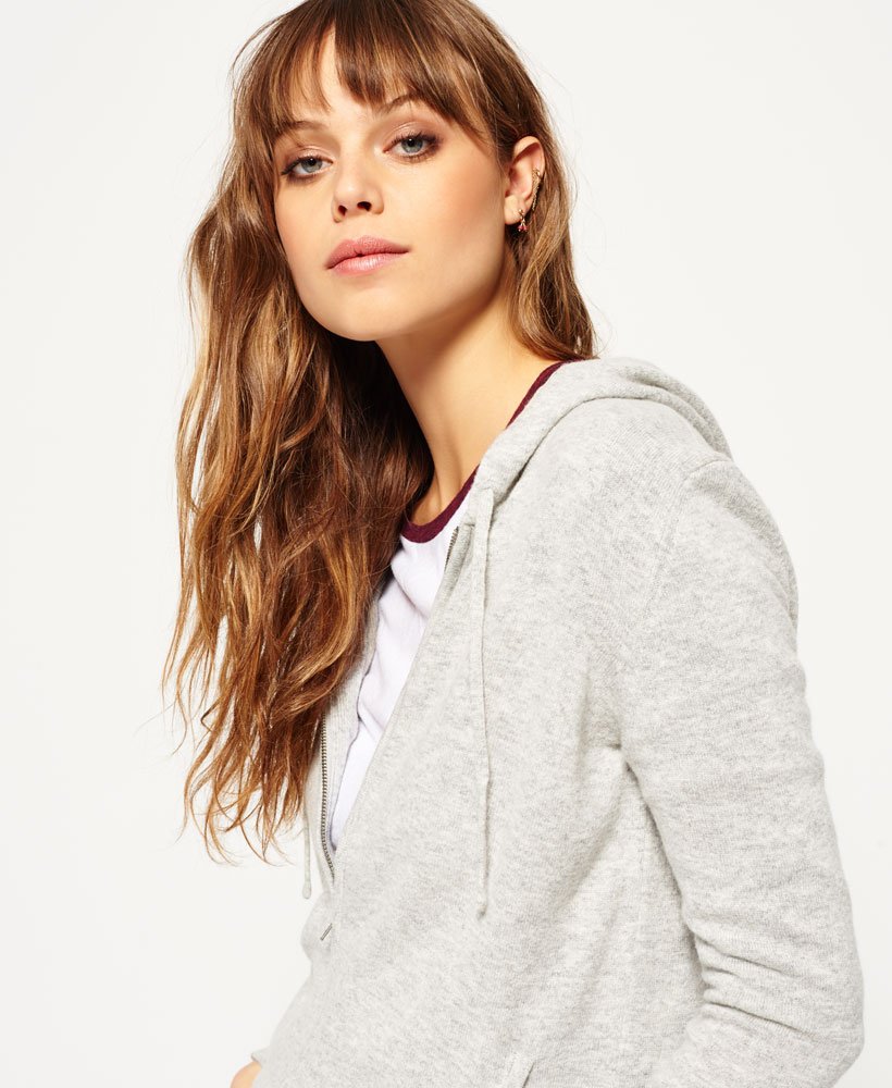 Womens - Luxe Knitted Zip Through Cashmere Hoodie in Grey Marl ...