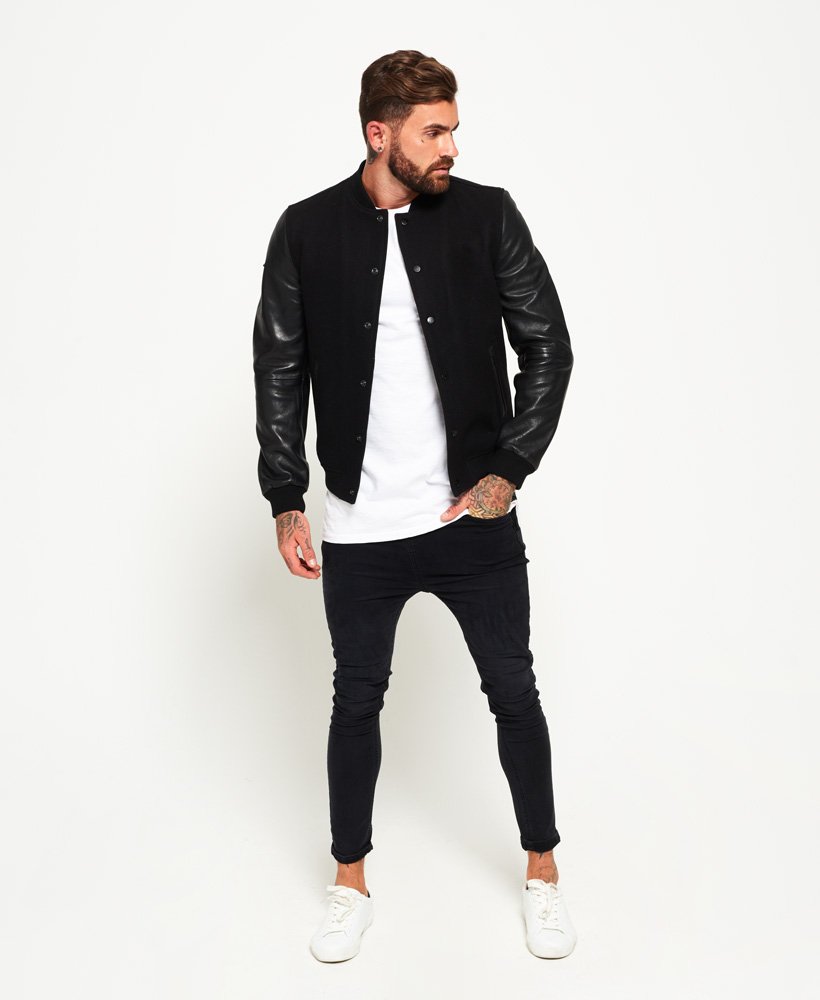 Mens - Varsity Wool Leather Bomber Jacket in Black | Superdry UK