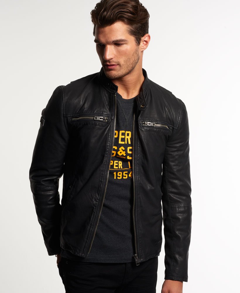 Men's - Real Hero Leather Biker Jacket in Black | Superdry UK