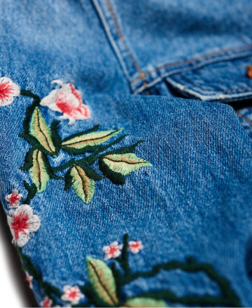 Womens - Embroidered Sleeve Denim Jacket in Mid Wash | Superdry UK