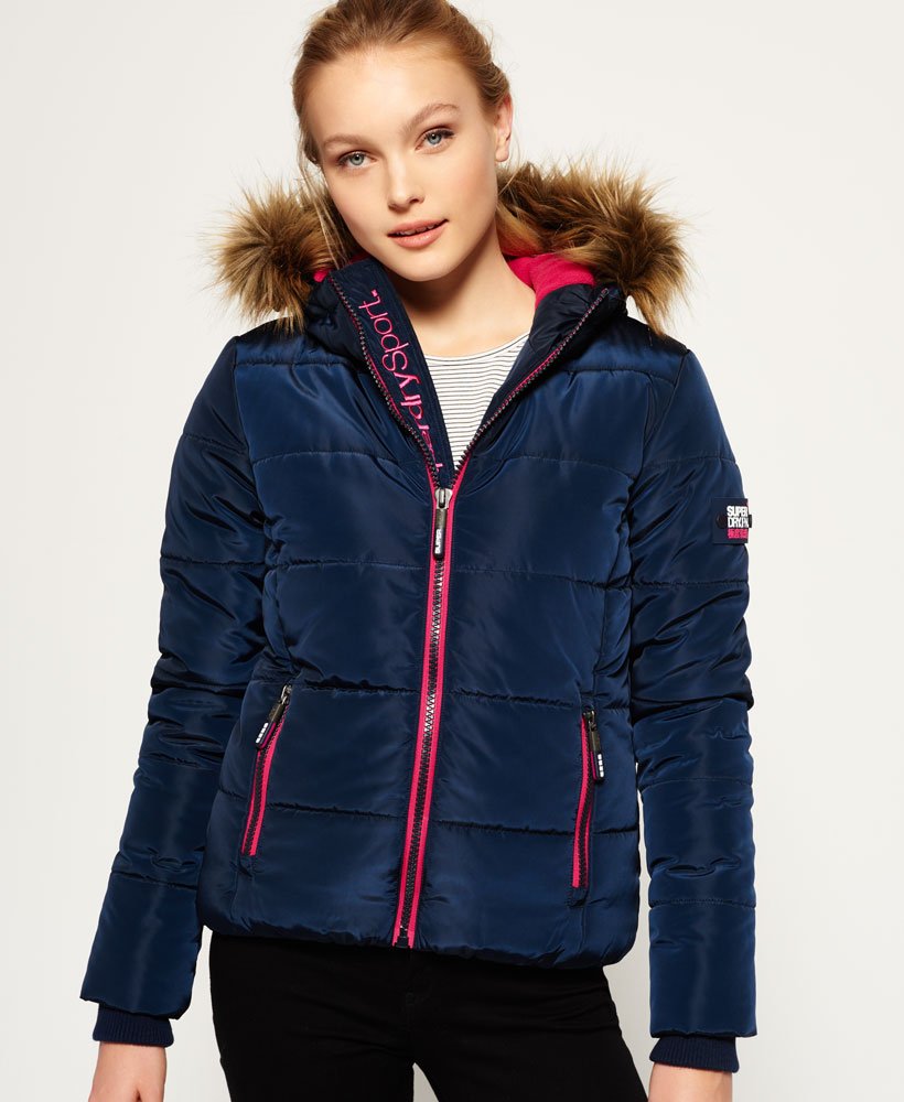 navy blue puffer jacket with fur hood