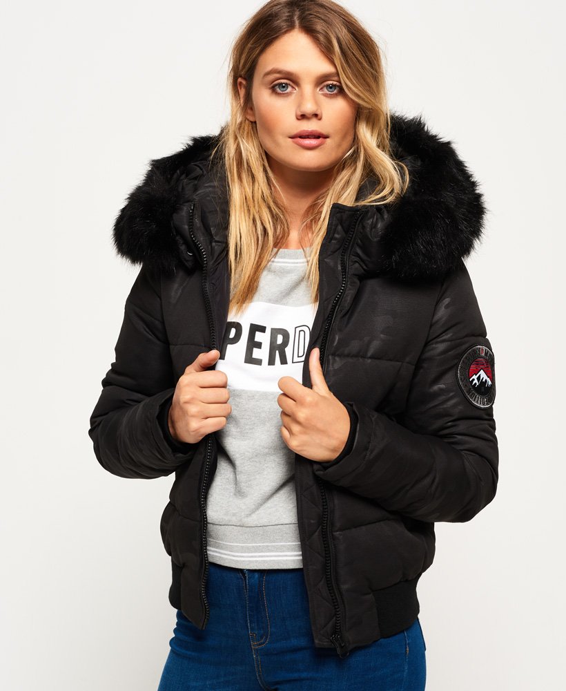 Womens - Everest Ella Bomber Jacket in Black Camo | Superdry UK