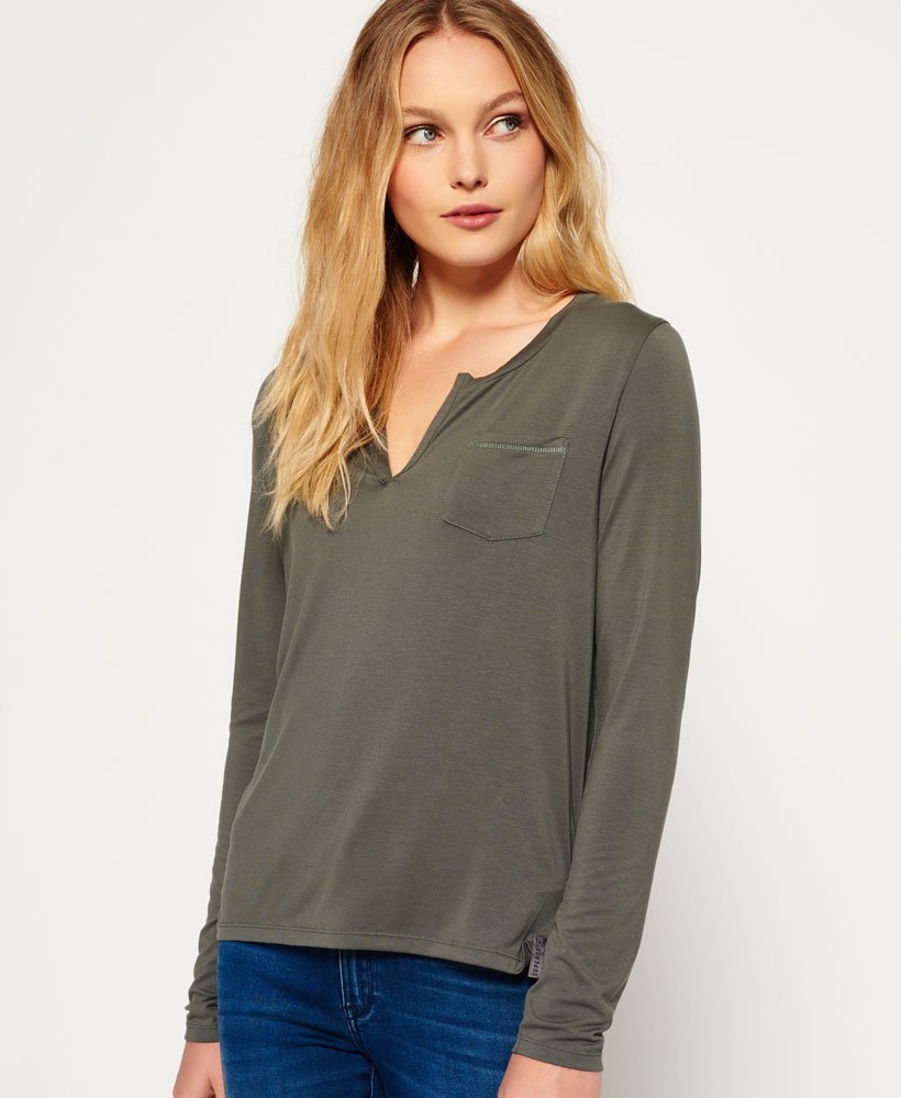 Womens Luxe Notch Neck Long Sleeve Top in Desert Khaki Superdry