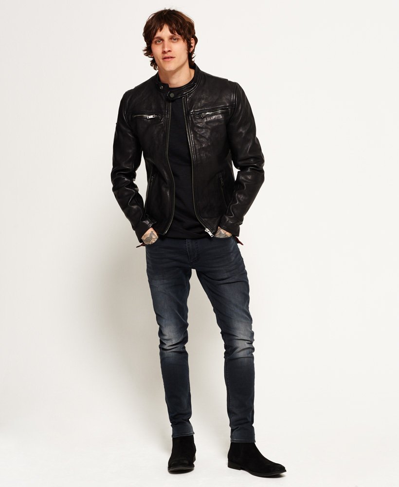 Mens - Classic Real Hero Biker Leather Jacket in Black | Superdry UK
