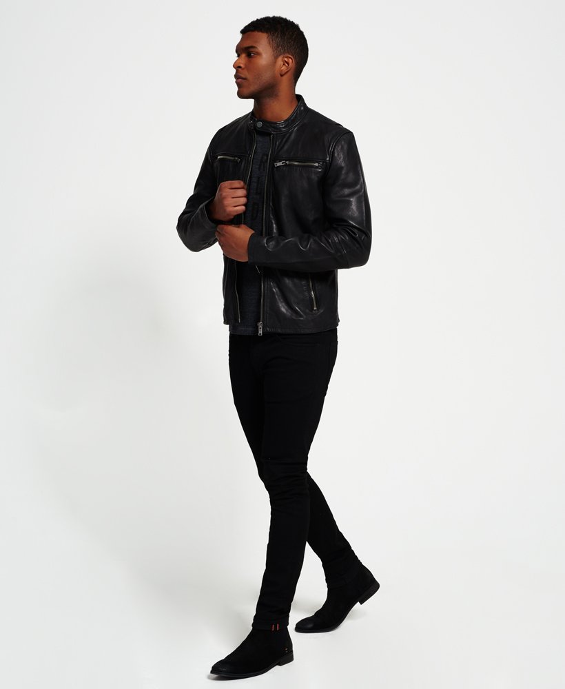 Mens - Classic Real Hero Biker Leather Jacket in Black | Superdry UK