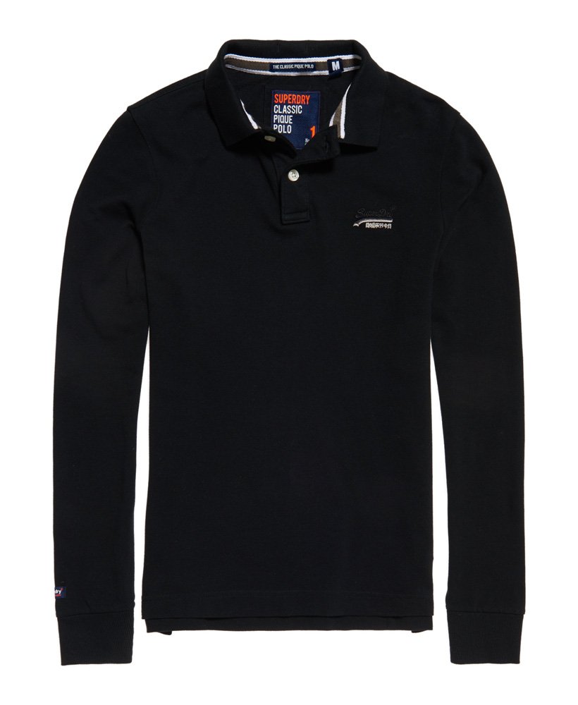 Men\'s Classic Long Sleeve Pique Polo Shirt in Black | Superdry US