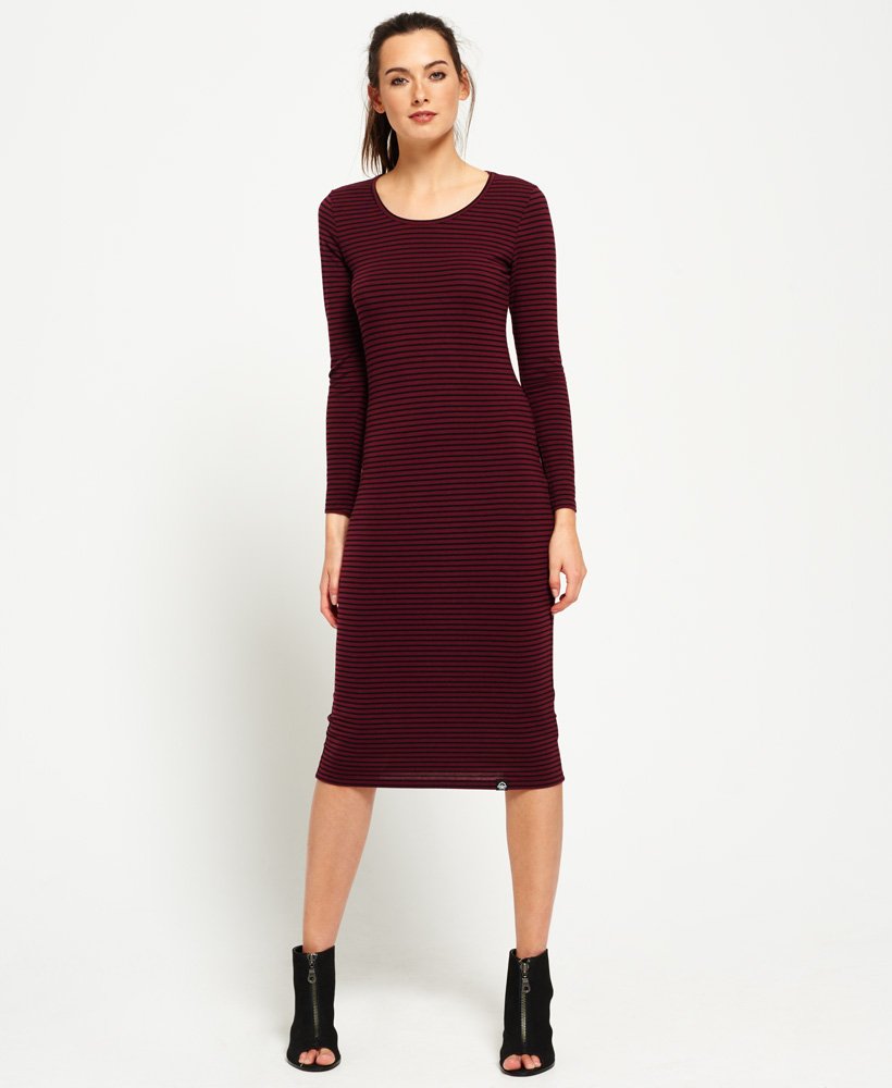 Womens - Midi Long Sleeve Dress in Black/edgerie Burgundy Stripe ...