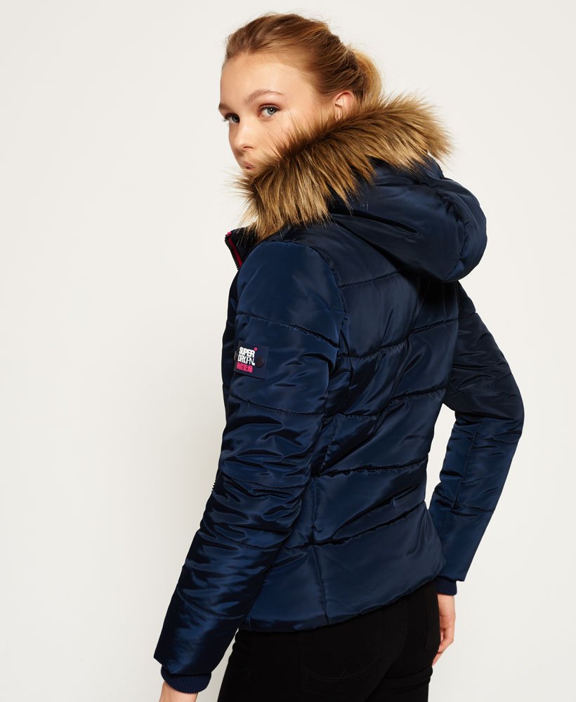 Womens - Faux Fur Hooded Sports Puffer Jacket in Navy | Superdry