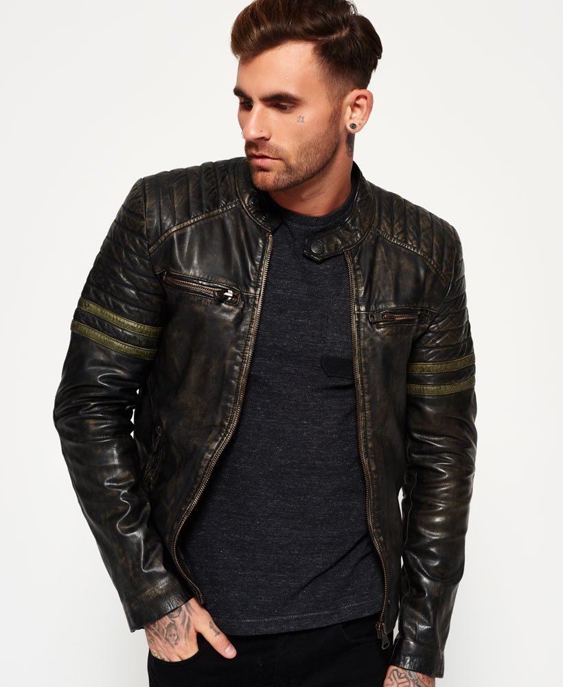 Mens - Endurance Speed Leather Jacket in Worn Black/khaki | Superdry