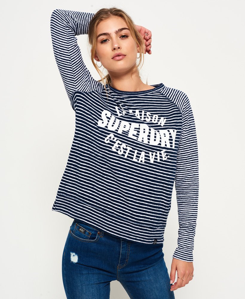 Women's Amour Stripe Graphic Top in Florence Navy Stripe | Superdry US