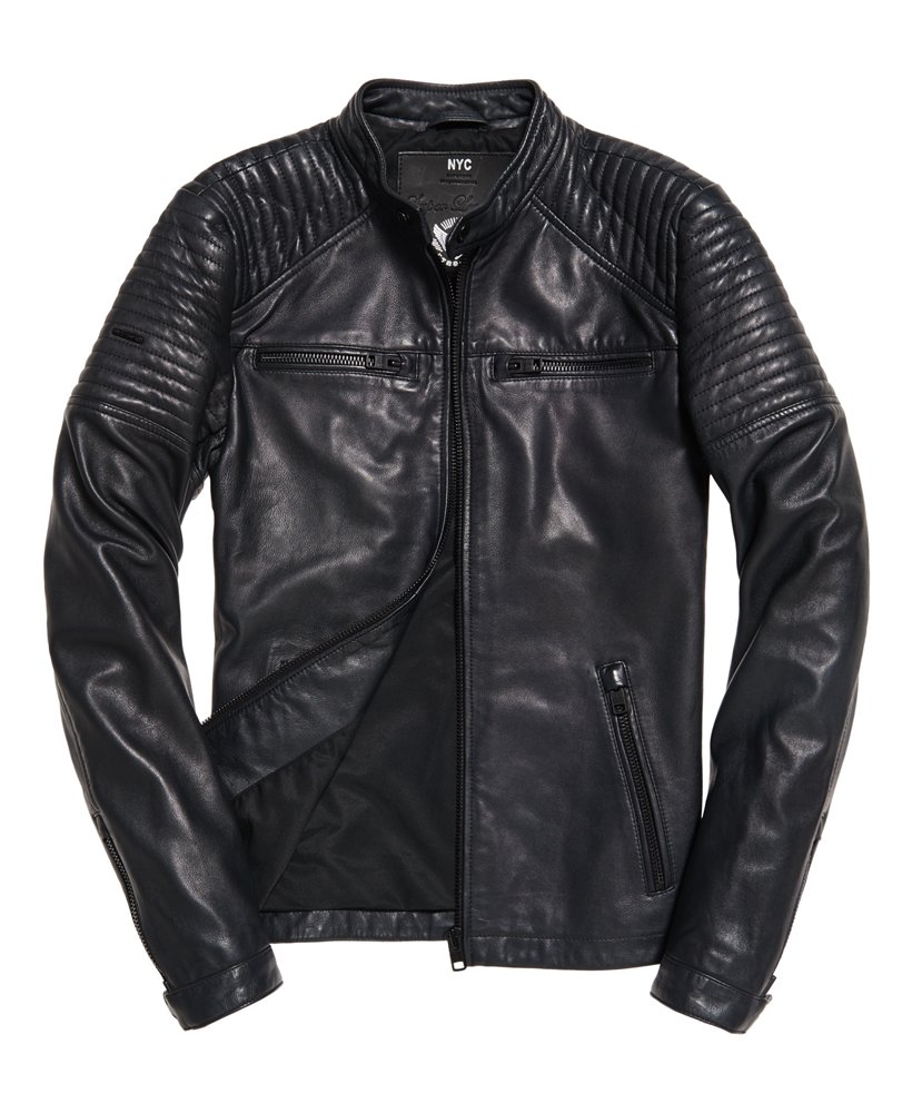 Mens - Leather Quilt Racer Jacket in Black | Superdry