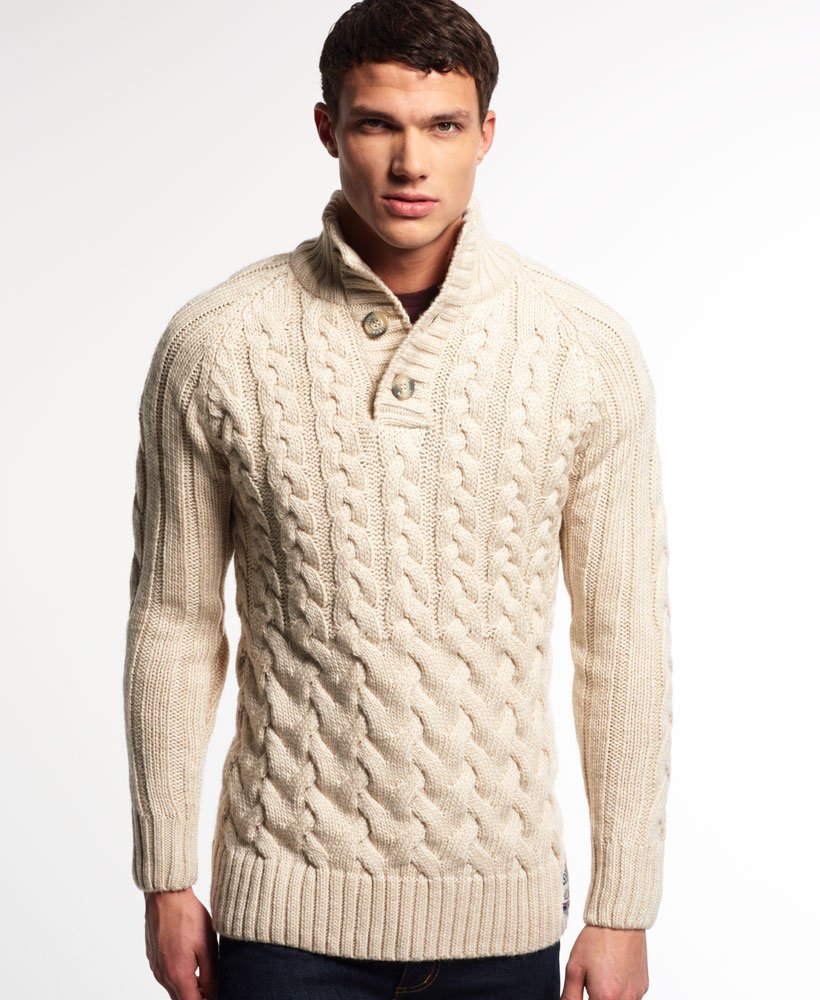 Mens - Ultimate Cable Henley Jumper in Cream | Superdry