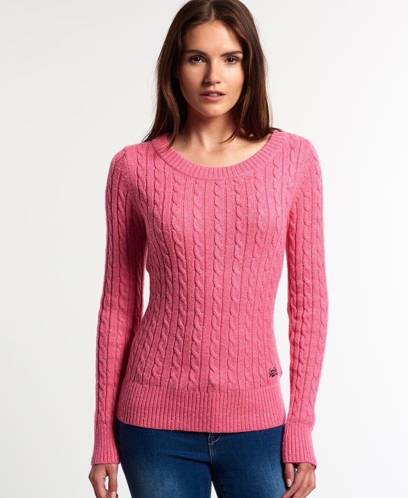 Womens New Croyde Cable Crew Neck Jumper In Pink Marl Nep Superdry