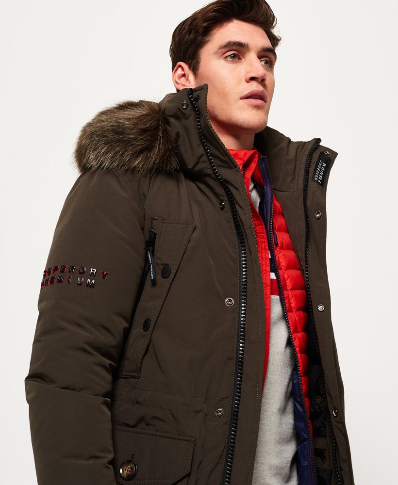 Men's - Premium Down Trans-Alps Parka Jacket in Khaki | Superdry UK