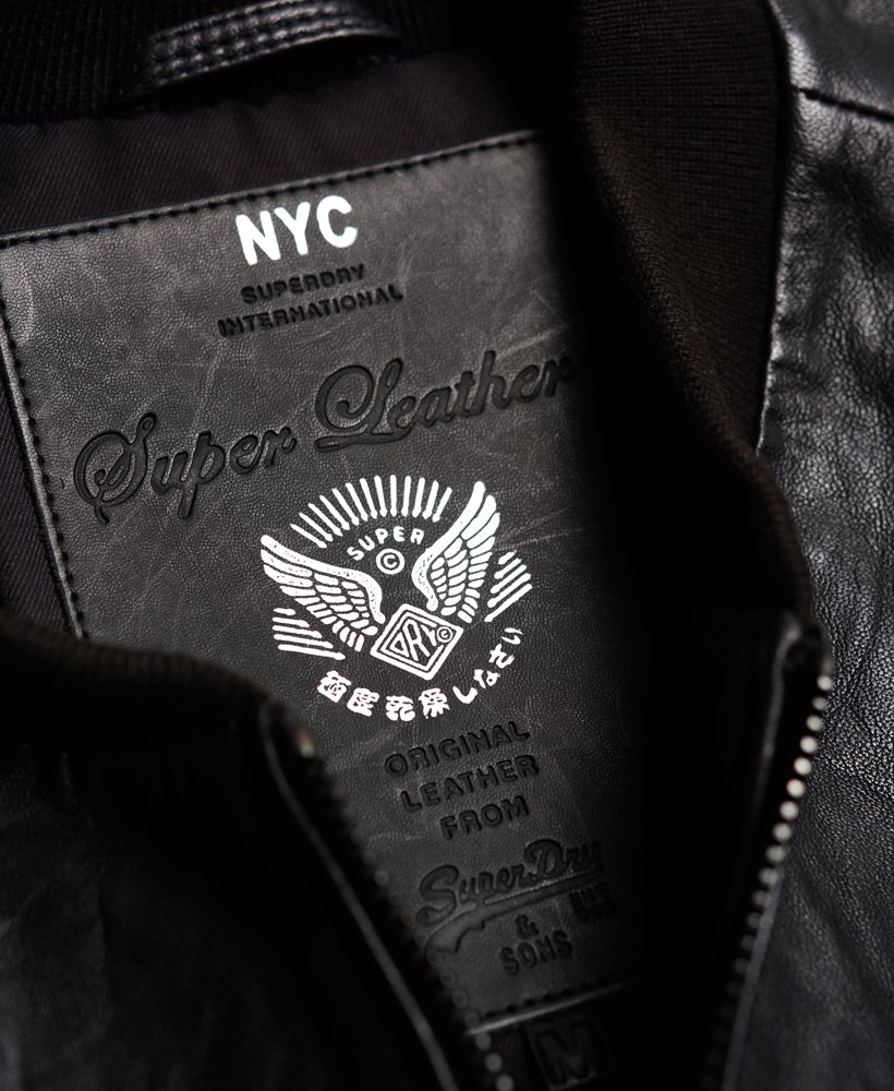 Mens - Washed Leather Bomber Jacket in Black | Superdry UK