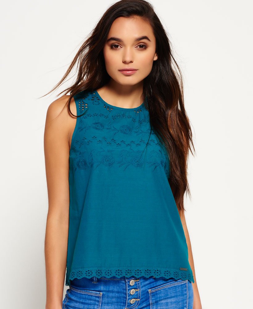 Womens - Broderie Shell Top in Turquoise | Superdry UK