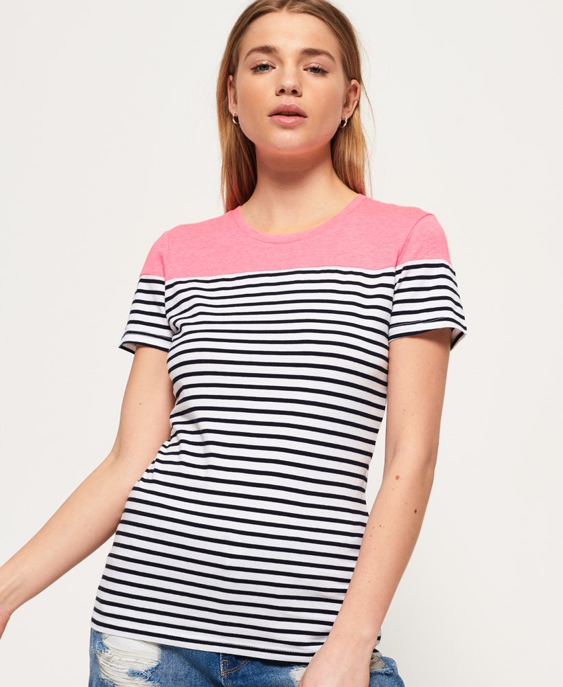 Womens - Pop Breton T-shirt in Fluro Pink/optic White Stripe | Superdry UK