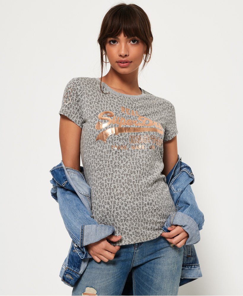Ausbrennerstil | Vintage Grau Superdry Logo - T-Shirt Meliert DE Damen im