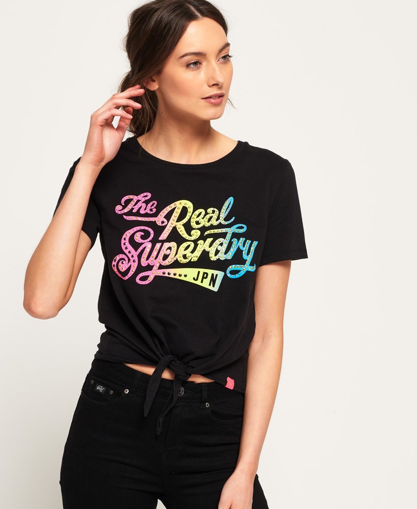 Women's The Real SDry Knot Front T-Shirt in Black | Superdry US