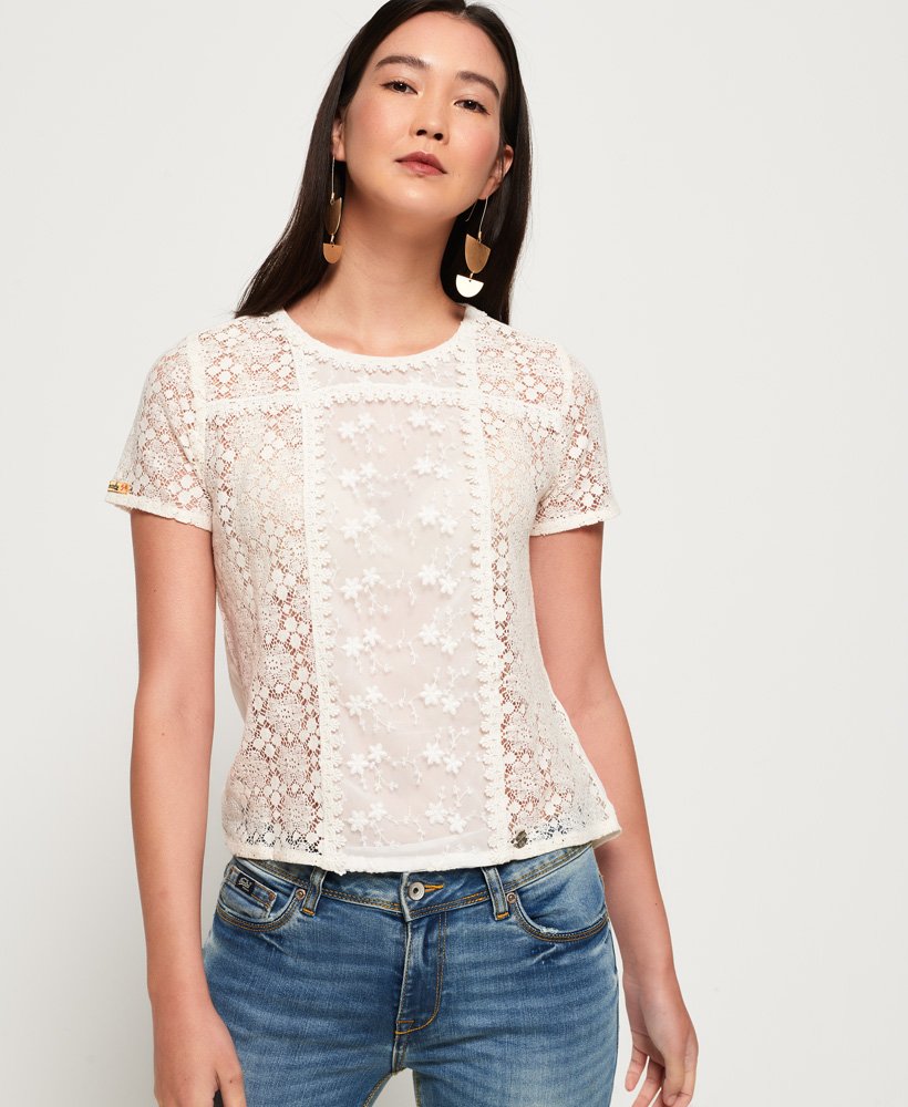 Womens - Ella lace Panelling T-Shirt in Cream | Superdry