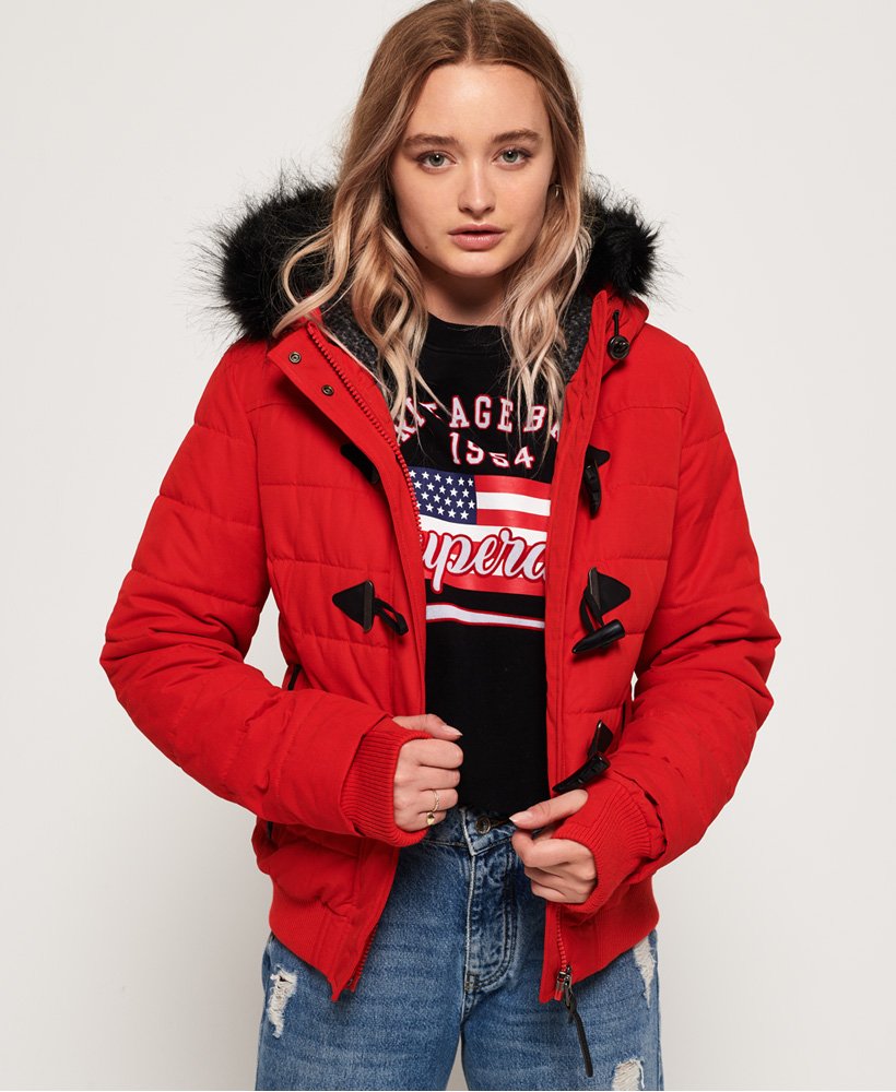 womens red puffer jacket with fur hood