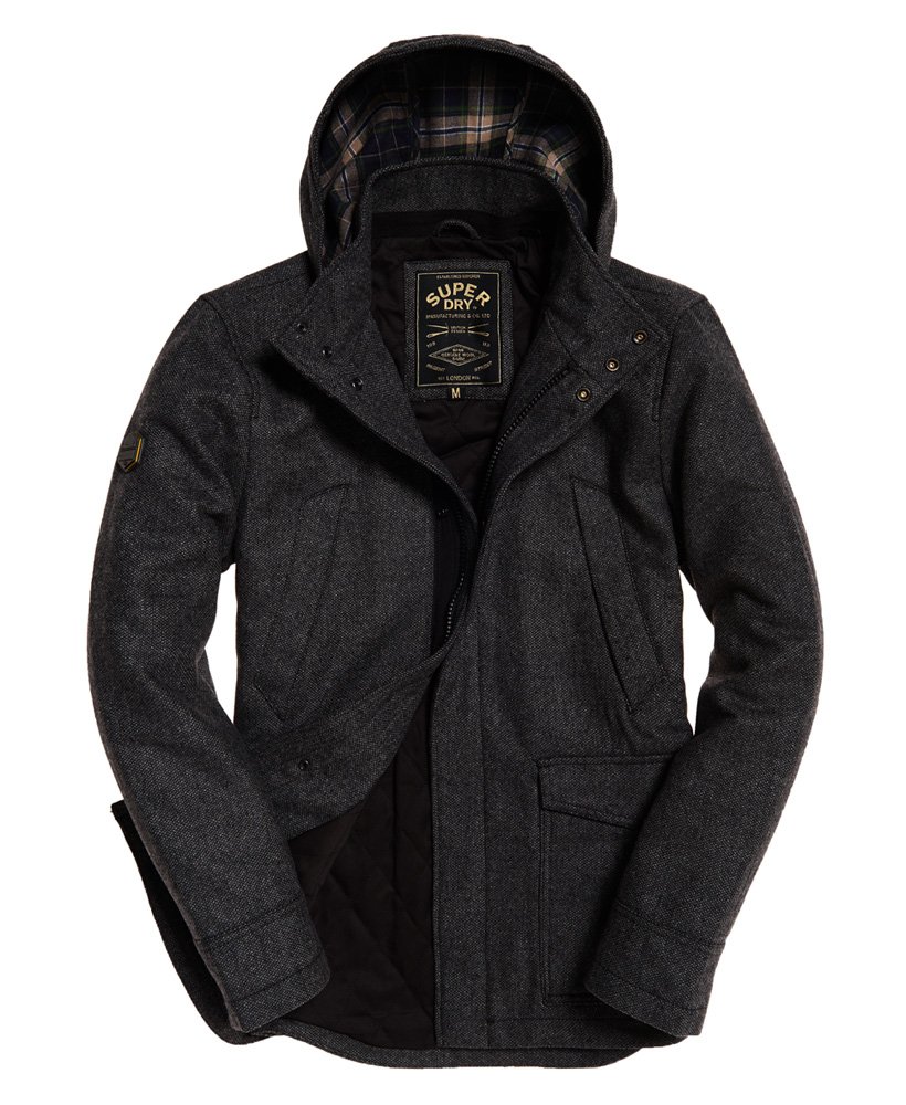 Men's - Gyton Hooded Wool Coat in Charcoal | Superdry UK