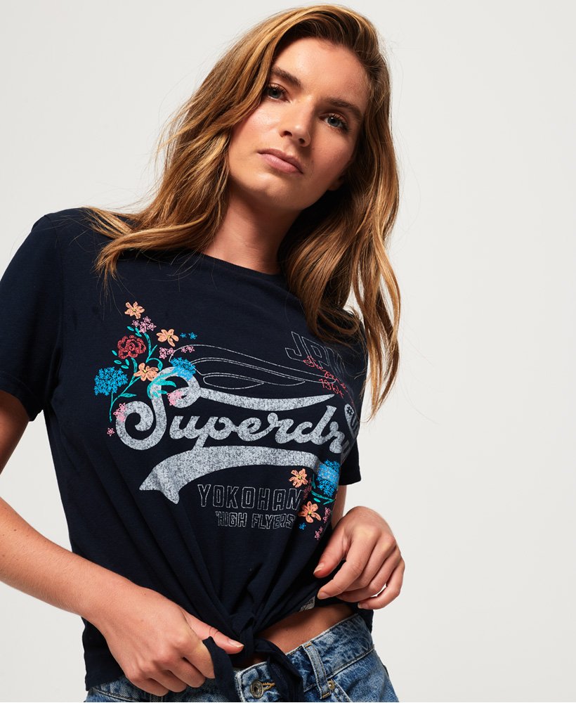Womens - High Flyers Floral Knot Front T-Shirt in Navy | Superdry