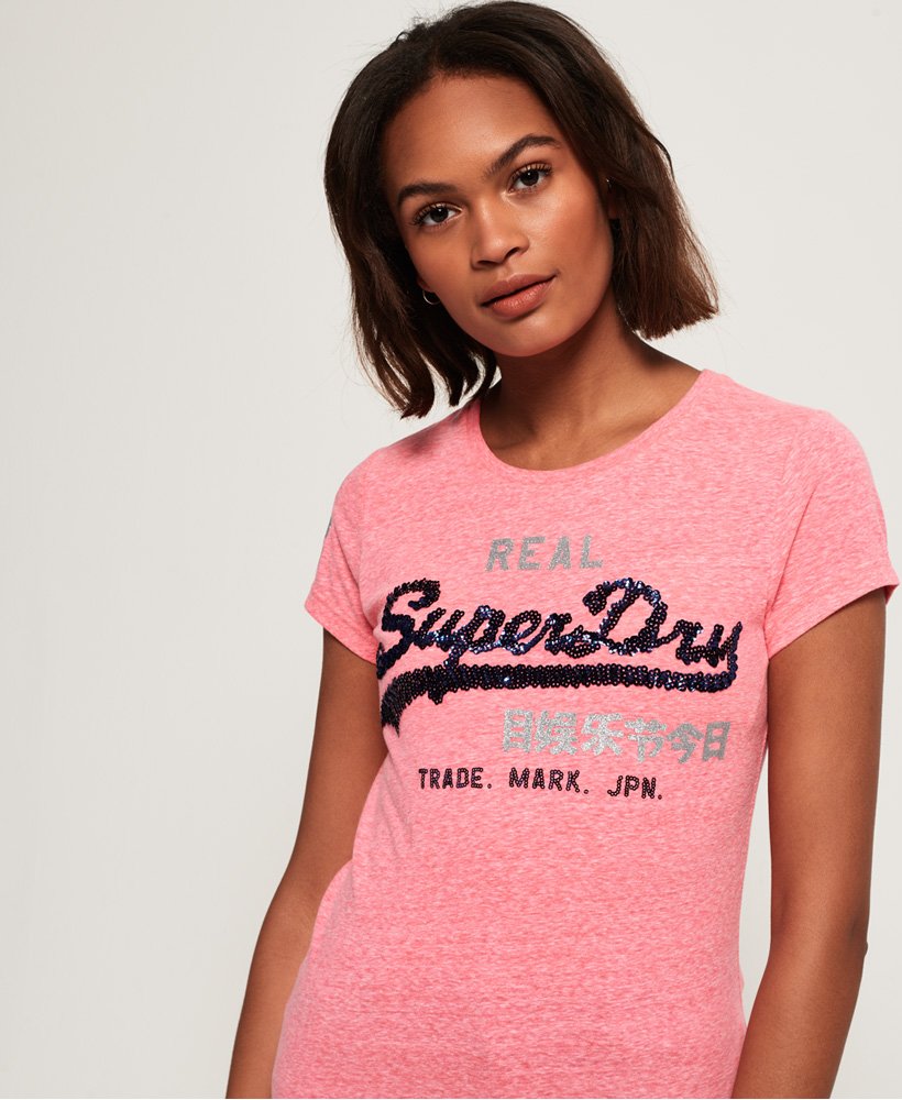 Womens - Vintage Logo Sequin T-Shirt in Fluro Pink Rugged | Superdry UK