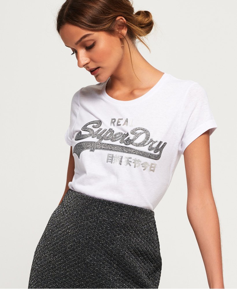 Womens - Vintage Logo Sparkle T-Shirt in Optic Snowy | Superdry