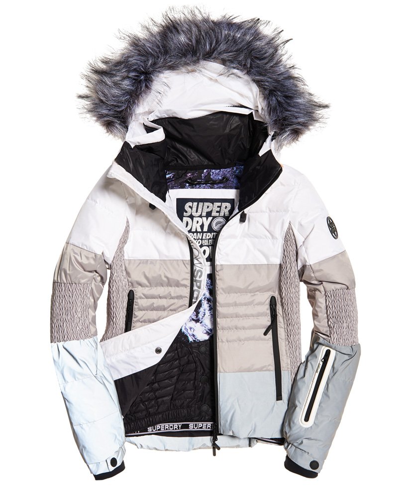 Womens Snow Cat Ski Down Jacket in Off White grey Reflective Superdry UK