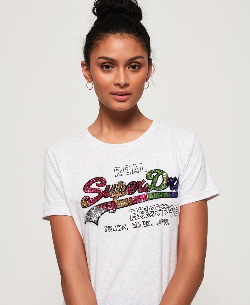 Womens - Vintage Logo Carnival Sequin T-Shirt in Ice Marl | Superdry UK