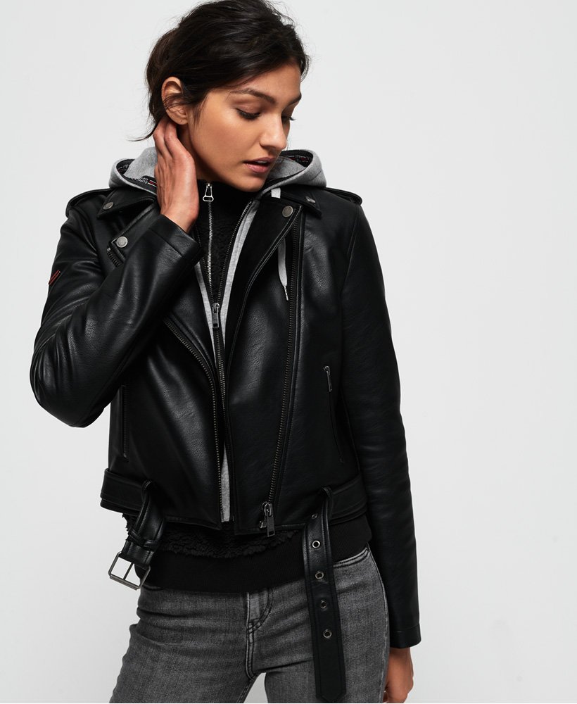 Femme Veste de motard en simili cuir avec capuche Noir Superdry FR