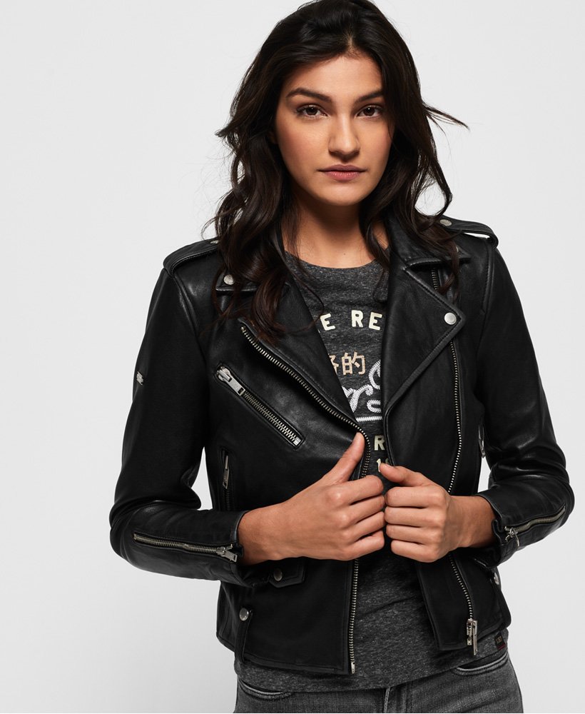 Womens - Rylee Leather Biker Jacket in Black | Superdry UK