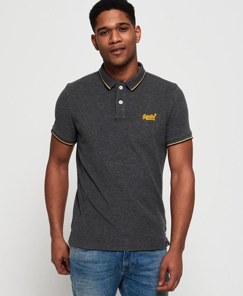 Men's Organic Cotton Classic Poolside Pique Polo Shirt in Black/grey Marl |  Superdry US