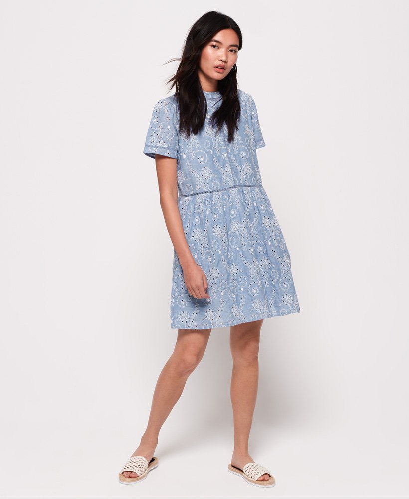 Womens - Shelly Schiffli Dress in Pale Blue Chambray | Superdry UK