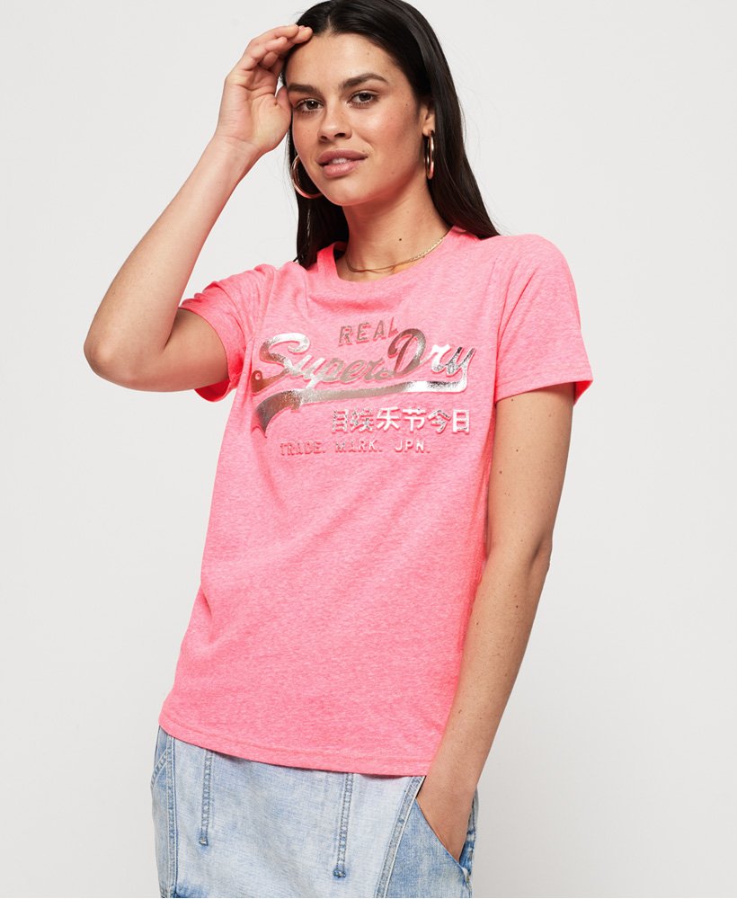 Womens - Vintage Logo Embossed Foil T-Shirt in Fluro Pink Snowy | Superdry