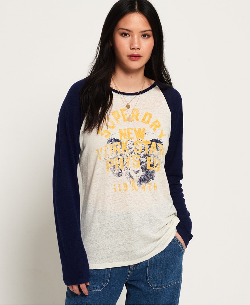 Womens Linen Baseball Top in Blue Superdry UK