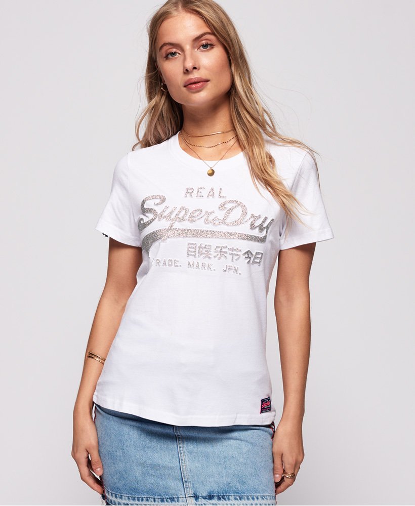 Superdry Vintage Logo Embossed Glitter T-Shirt - Women's Womens T-shirts