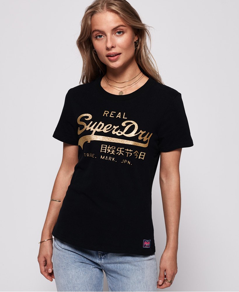 Womens - Vintage Logo Embossed Glitter T-Shirt in Black | Superdry