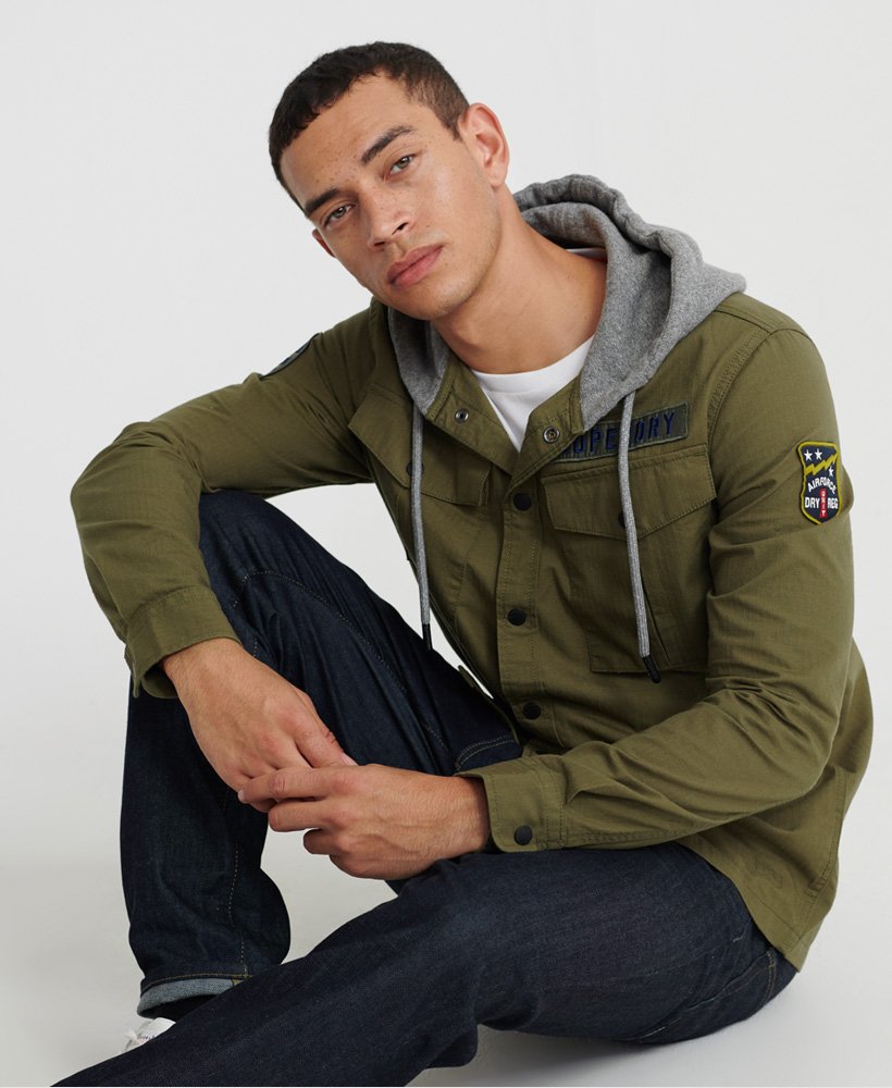 Men's - Utility Long Sleeve Hooded Shirt in Army Green | Superdry UK