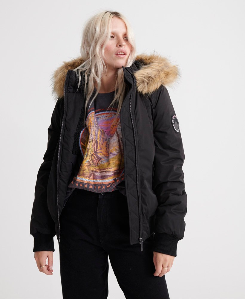 Superdry Chaqueta bomber de microfibra para mujer, cierre de cremallera  principal, Negro