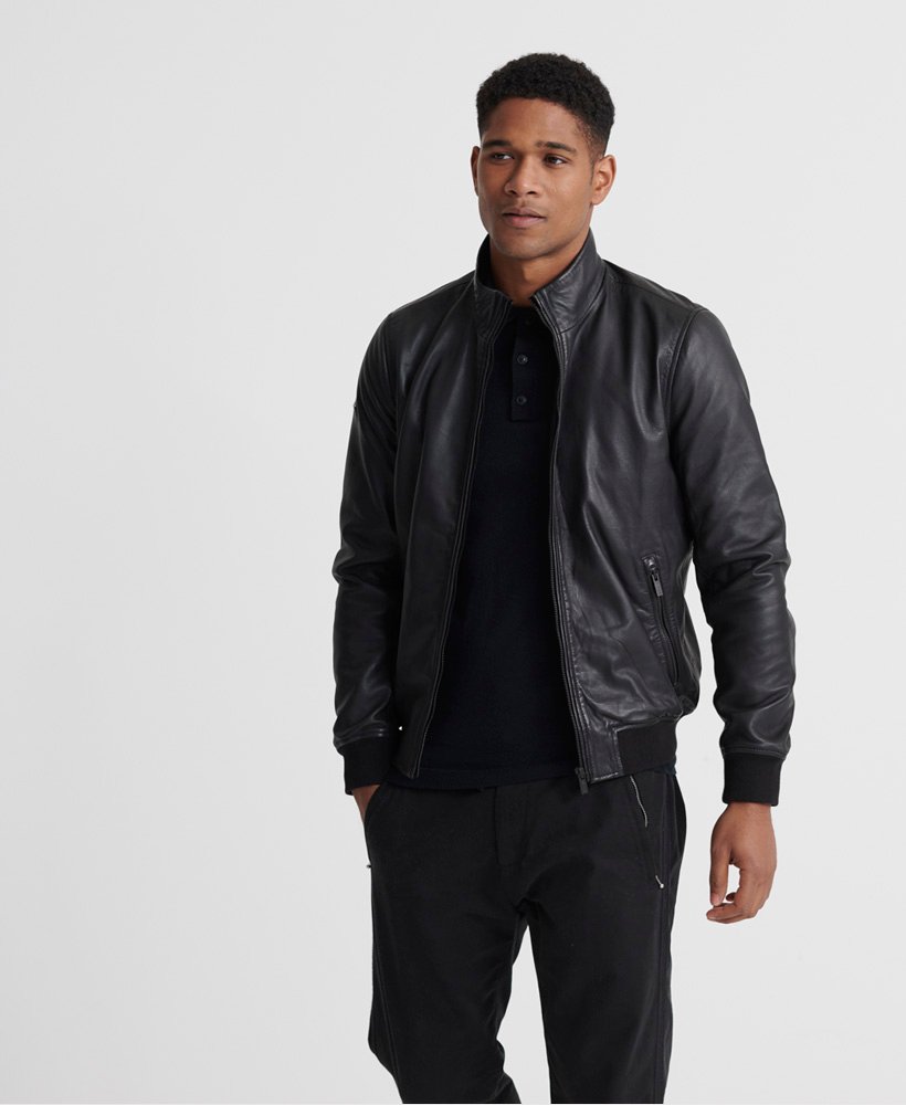 Men's - Lightweight Leather Track Jacket in Black | Superdry UK