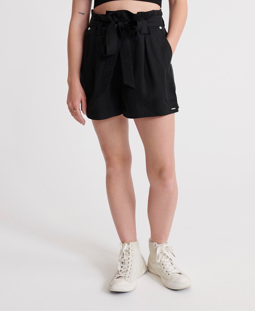 womens black paperbag shorts
