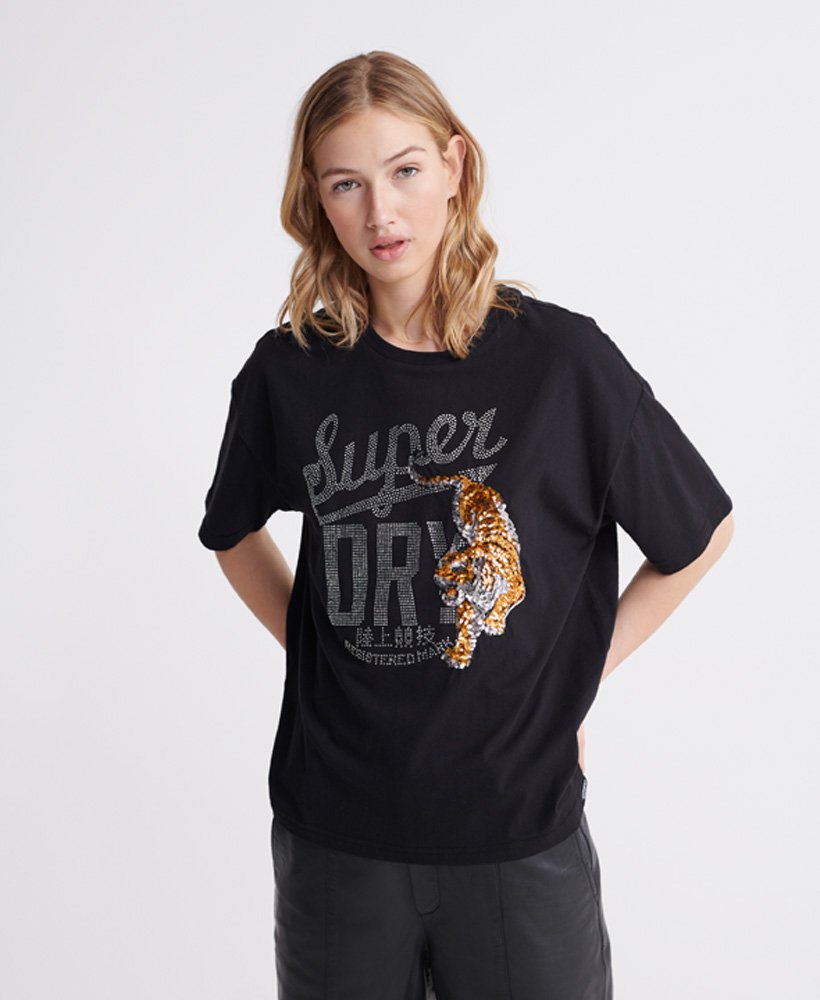 Women's Tiger Nights Sparkle Box Fit T-Shirt in Black